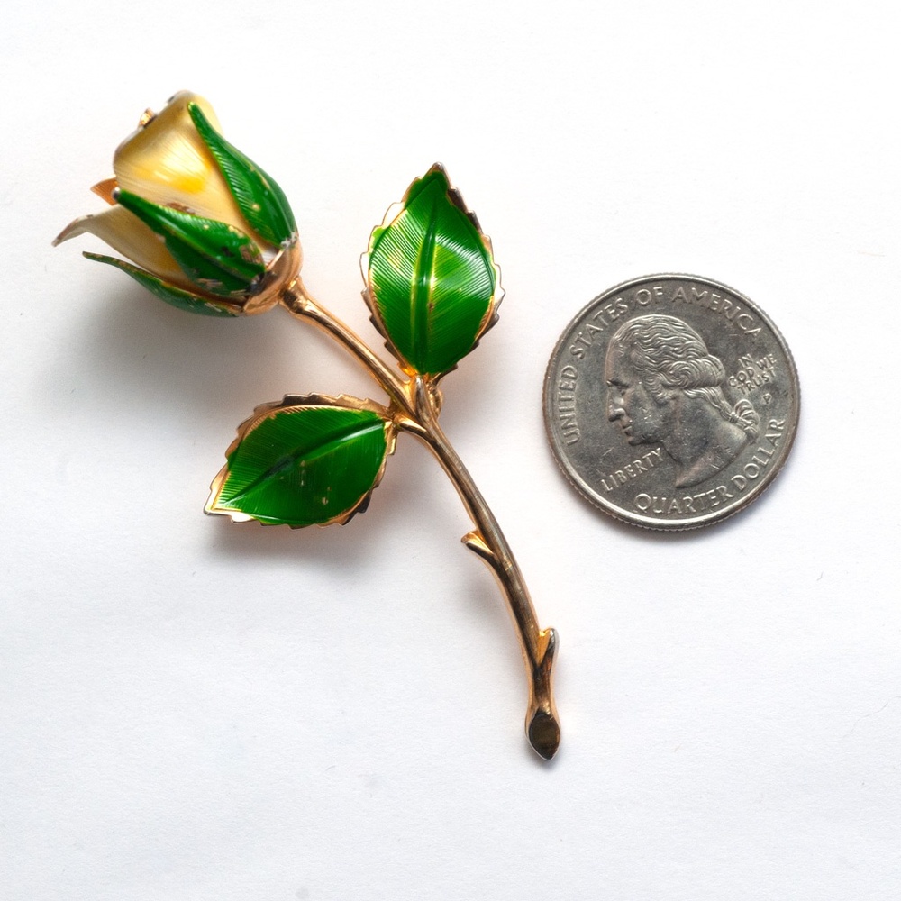 Vintage Gold Tone Painted Yellow Long Stem Rose Pin Brooch